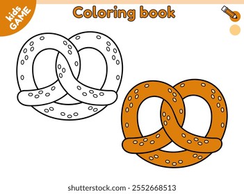 Kids coloring book. Soft pretzel is traditional German, Austrian treats. Color the contour baking. Activities page for children. Vector outline illustration perfect for design Christmas and New Year.