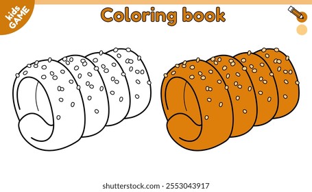 Kids coloring book. Trdelnik or trdlo is traditional Czech street food. Color the contour Christmas baked cinnamon roll. Sugar donat cone. Activities page for children. Vector outline illustration.