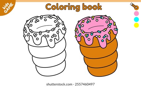 Kids coloring book. Trdelnik or trdlo is traditional Czech Christmas street food. Color the contour Xmas baked cinnamon roll in pink glaze. Activities page for children. Vector outline illustration.