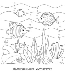 Kids coloring book with underwater world of fish algae. Black outline sketch with simple shapes.