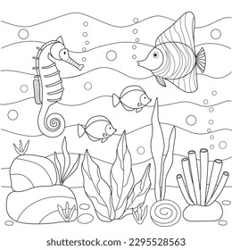 Kids coloring book with underwater world of fish algae. Black outline sketch with simple shapes.