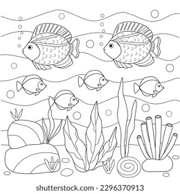 Kids coloring book with underwater world of fish algae. Black outline sketch with simple shapes.