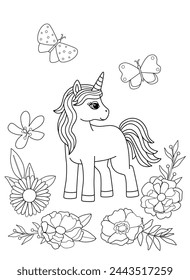Kids coloring book with unicorn and flowers. Cartoon animal in nature. Simple childish vector illustration.