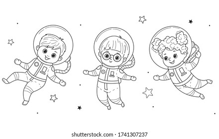 Kinder für das Farbbuch. Mädchen und Jungen in den Kostümfliegen des Astronauten. Line Art Design.Isoliert auf weißem Hintergrund.Vector Illustration