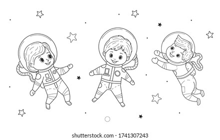 Kids for coloring book.Girls and boys in astronaut costume flies. Line art design.Isolated on white background.Vector illustration