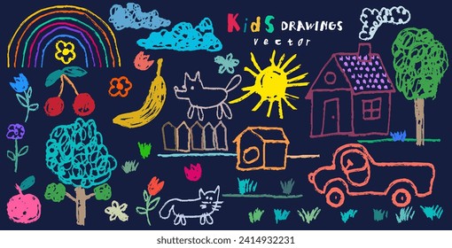 Kids Coloring with Crayons set. Hand drawn characters crayon children drawn house, bird, cat, tree, sun, car, ship. Childs drawn colorful pastel chalk vector design elements. Kids painting objects set