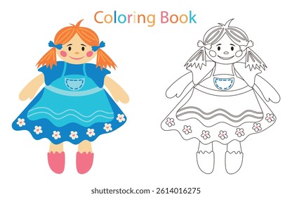 Kids coloring cute doll in blue dress. Rag doll vector illustration for coloring, printable page.
