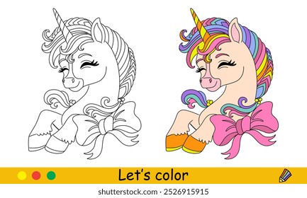 Crianças colorindo bonito retrato de unicórnio feliz com um arco. Ilustração monocromática de desenho animado vetorial com amostra de cor. Página do livro de colorir para crianças. Para educação, impressão, jogo, design