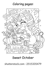 Kids coloring with cute unicorn baby. Vector cartoon monochrome isolated illustration. Halloween concept. Coloring book page for children. For coloring book, education, print, game, puzzle, design