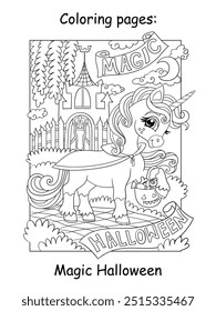Crianças colorindo com unicórnio bonito puro no castelo. Ilustração isolada de desenho animado vetorial. Conceito de Halloween. Página do livro de colorir para crianças. Para colorir livro, educação, impressão, jogo, quebra-cabeça, design