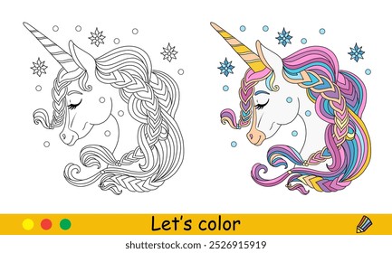 Kids coloring cute winter dreaming head of unicorn with a snow. Vector cartoon monochrome illustration with color sample. Coloring book page for children. For education, print, game,design