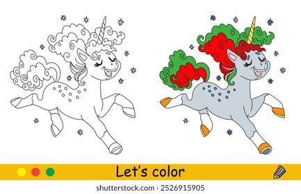 Kids coloring cute winter jolly unicorn with a curly mane. Vector cartoon monochrome illustration with color sample. Coloring book page for children. For education, print, game,design