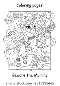 Kids coloring with Egyptian unicorn. Vector cartoon monochrome isolated illustration. Halloween concept. Coloring book page for children. For coloring book, education, print, game, puzzle, design