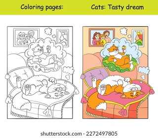 Kids coloring with a funny cat lying on pillows. Vector isolated illustration coloring book and color template. For coloring book, decorating, print, sticker, design, education, game and puzzle