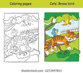 Kids coloring with a funny cat sleeping on a tree. Vector isolated illustration coloring book and color template. For coloring book, decorating, print, sticker, design, education, game and puzzle