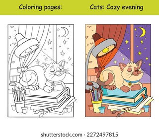 Kids coloring with a funny cat sleeping on a books. Vector isolated illustration coloring book and color template. For coloring book, decorating, print, sticker, design, education, game and puzzle