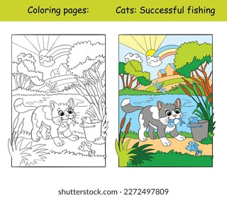 Kids coloring with a funny cat who catches fish. Vector isolated illustration coloring book and color template. For coloring book, decorating, print, sticker, design, education, game and puzzle