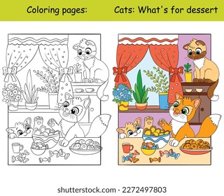 Kids coloring with a funny cute cats a kitchen. Vector isolated illustration coloring book and color template. For coloring book, decorating, print, sticker, design, education, game and puzzle