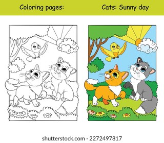 Kids coloring with a funny cute cats on the nature. Vector isolated illustration coloring book and color template. For coloring book, decorating, print, sticker, design, education, game and puzzle