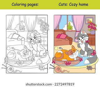 Niños coloreándose con gatos graciosos y lindos en casa. Libro de coloreado de ilustraciones aisladas de vectores y plantilla de color. Para colorear libros, decorar, imprimir, pegar, diseñar, educar, jugar y puzzle