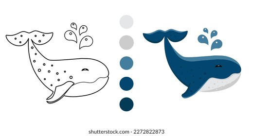 Kids coloring page - blue whale. Funny  little. Vector Illustration. Isolated on white background.