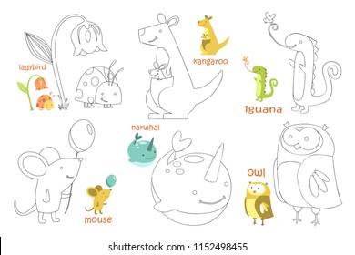 Kids coloring page. Coloring book with animal. Doodle vector illustration