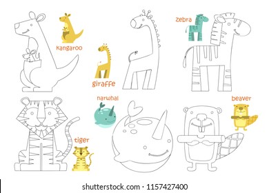 Kids coloring page. Coloring book with animal. Doodle vector illustration