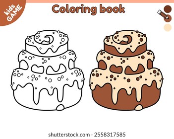 Kids coloring page. Cartoon cinnamon bun. Holiday Christmas dessert. Color the contour festive baking. New Year activities book for preschool, school children. Baby vector outline illustration.