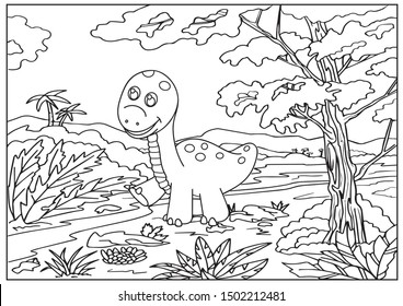 Kids coloring page. Children drawing of a cute dinosaur. Landscape with a dinosaur. Activity page for book. 
