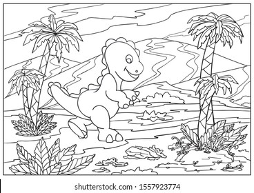 Kids coloring page. Children drawing of a cute dinosaur. Landscape with a dinosaur. Activity page for book. 