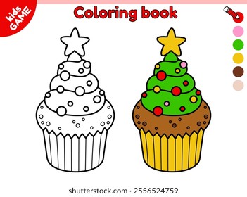 Kids coloring page. Christmas cupcake with Xmas tree shaped green cream and decorated star. Color the contour holiday baking. New Year activities book for children. Baby vector outline illustration.
