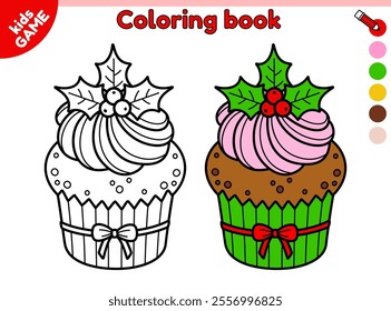 Kids coloring page. Christmas cupcake with pink cream decorated mistletoe. Color the contour holiday Xmas baking. New Year activities book for children. Baby vector outline cartoon illustration.