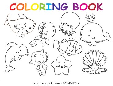Kids coloring page collection of cute sea animals outline