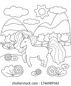 Kids coloring page with cute unicorn, mountains and flowers. Simple shapes, contour for small children. Vector illustration.