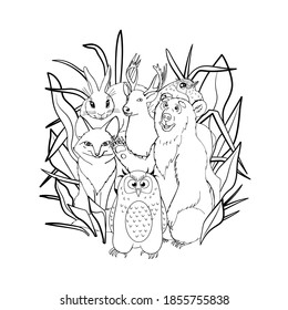 Kids coloring page with cute woodland animals, fox, deer, owl, bunny, bear. Isolated on white background. Line art style vector illustration.