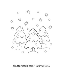 Kids coloring page with fir trees and snow. Winter illustration with simple shapes.