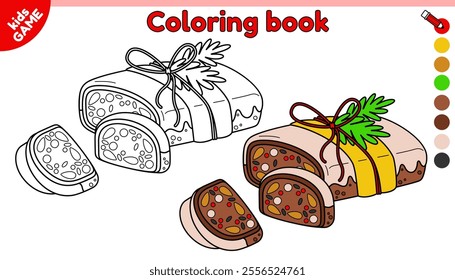 Kids coloring page. German Christmas cake stollen. Traditional Xmas dessert. Color the contour holiday sweet fruit bread. Activities book for preschool, school children. Vector outline illustration.