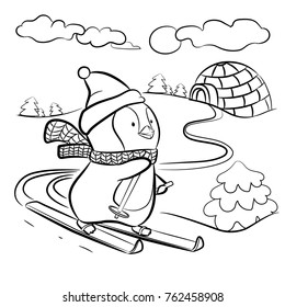 skiing penguin coloring page