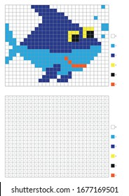 Kids coloring page, pixel coloring cartoon shark. Vector illustration