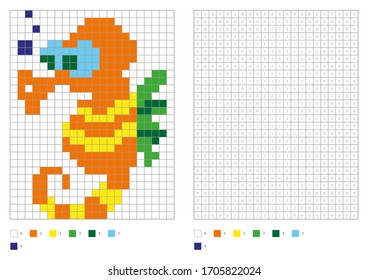 Kids coloring page, pixel coloring cartoon seahorse. Vector illustration