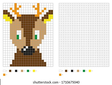 Kids coloring page, pixel coloring cartoon deer. Vector illustration