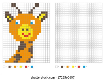 Kids coloring page, pixel coloring cartoon giraffe. Wild animal. Vector illustration