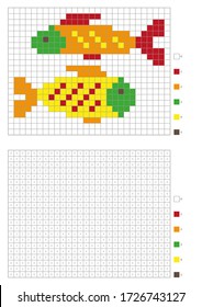 Kids coloring page, pixel coloring cartoon fish. Vector illustration