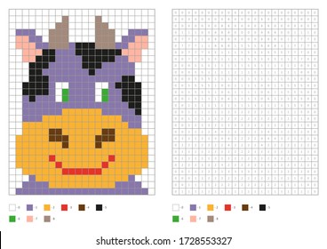 Kids coloring page, pixel coloring cartoon cow. Vector illustration