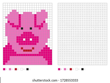Kids coloring page, pixel coloring cartoon pig. Vector illustration