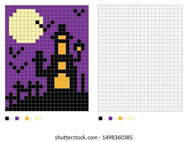 Kids coloring page, pixel coloring dark castle and bats. Vector illustration