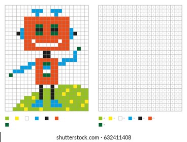 Kids coloring page, pixel coloring with fantastic robot. Vector illustration