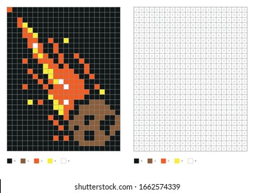 Kids coloring page, pixel coloring fire comet. Vector illustration