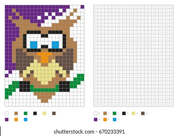 Kids coloring page, pixel coloring with fun bird. Vector illustration
