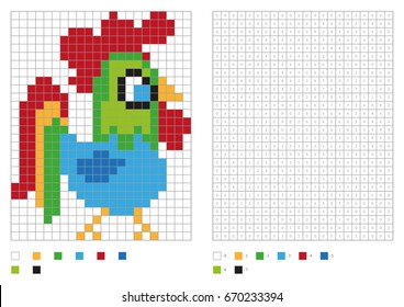 Kids coloring page, pixel coloring with fun bird. Vector illustration